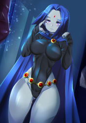 Rule 34 | 1girl, absurdres, animahakim, animification, black leotard, blue hair, breasts, cape, closed mouth, covered navel, dc comics, feet, forehead, forehead jewel, gem, gluteal fold, groin, hands up, heart, heart-shaped pupils, highleg, highleg leotard, highres, large breasts, leotard, long sleeves, parted bangs, purple eyes, pussy juice, raven (dc), saliva, short hair, solo, sparkle, symbol-shaped pupils, teen titans, telekinesis, thick thighs, thighs, turtleneck, western comics (style)