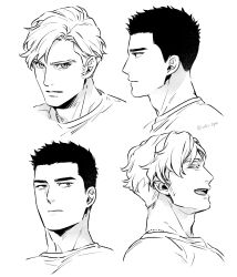 Rule 34 | 2boys, adam&#039;s apple, aki (supekutooru), ao isami, closed eyes, closed mouth, cropped head, facial hair, greyscale, highres, laughing, lewis smith, looking at viewer, looking to the side, male focus, monochrome, multiple boys, multiple views, open mouth, short hair, sideburns stubble, simple background, stubble, twitter username, white background, yuuki bakuhatsu bang bravern