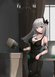 Rule 34 | 1girl, absurdres, arknights, bare shoulders, black choker, black dress, blurry, breasts, choker, cleavage, commentary, cowboy shot, detached sleeves, dress, epitaph (ryaf8834), grey hair, hammer, highres, holding, holding hammer, holding weapon, horns, indoors, jewelry, large breasts, long hair, looking at viewer, mudrock (arknights), mudrock (obsidian) (arknights), necklace, official alternate costume, pointy ears, red eyes, sleeveless, sleeveless dress, solo, standing, weapon