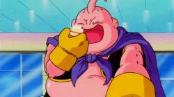 Rule 34 | 1990s (style), 1boy, animated, animated gif, antennae, cake, cape, colored skin, dragon ball, dragonball z, eating, closed eyes, food, gloves, happy, lowres, majin buu, male focus, monster, pink skin, shop, solo, sweets, window