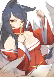 Rule 34 | 1girl, ahri (league of legends), animal ears, bad id, bad pixiv id, bare shoulders, black hair, breasts, cleavage, clenched hand, detached sleeves, dutch angle, facial mark, fang, fang out, fox ears, fox tail, heart, korean clothes, league of legends, long hair, looking at viewer, multiple tails, simple background, slit pupils, smile, solo, ss0l (skghek), tail, upper body, valentine, whisker markings, white background, yellow eyes