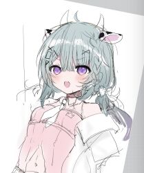 Rule 34 | 1girl, :d, ahoge, animal ears, bare shoulders, blush, braid, clothing cutout, collared shirt, cow ears, cow girl, cow horns, green hair, grey background, hair between eyes, hair ornament, highres, horns, indie virtual youtuber, jacket, long hair, looking at viewer, navel, navel cutout, neckerchief, off shoulder, olda (vtuber), open clothes, open jacket, open mouth, pink shirt, purple eyes, shiodome oji, shirt, sketch, sleeveless, sleeveless shirt, smile, solo, two-tone background, upper body, v-shaped eyebrows, virtual youtuber, white background, white jacket, white neckerchief, x hair ornament