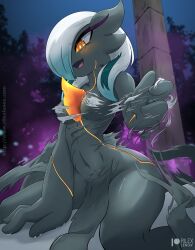Rule 34 | 1girl, alternate color, alternate shiny pokemon, areola slip, artist name, aura, black skin, blue hair, blurry, blurry background, blush, breasts, bright pupils, collarbone, colored skin, creatures (company), dark aura, exploding clothes, fang, female focus, game freak, gardevoir, gen 3 pokemon, hair over one eye, hand up, happy, highres, looking down, medium breasts, medium hair, multicolored hair, navel, neon trim, night, nintendo, one eye covered, open mouth, orange eyes, outdoors, patreon logo, patreon username, pillar, pokemon, pokemon (creature), raised eyebrows, rilex lenov, sitting, skin fang, smile, solo, stomach, straddling, thighs, two-tone hair, watermark, web address, white hair, white pupils, wide hips