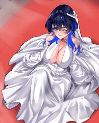 Rule 34 | 1girl, absurdres, alternate costume, bare shoulders, blue eyes, blue hair, blush, breasts, bridal veil, bride, cleavage, dress, hair intakes, highres, hololive, hololive english, koizumi arata, large breasts, looking at viewer, one eye closed, ouro kronii, short hair, solo, veil, virtual youtuber, wedding dress