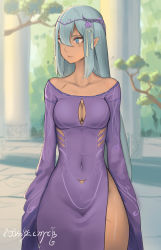 Rule 34 | 1girl, absurdres, blue eyes, blue hair, blurry, branch, breasts, center opening, cleavage cutout, clothing cutout, column, coronet, cowboy shot, dark-skinned female, dark skin, day, depth of field, dress, elf, fantasy, highres, liangzi tai hongcha, long hair, long sleeves, looking to the side, medium breasts, narrow waist, navel, off-shoulder dress, off shoulder, original, outdoors, pillar, pointy ears, print dress, purple dress, scar, scar across eye, scar on chest, scar on face, scar on leg, side slit, sleeves past fingers, sleeves past wrists, solo, stone floor, tassel, temple, tengwar text, thighs, translation request, tree, very long hair, wide hips