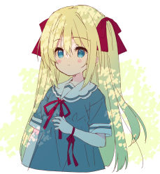 Rule 34 | 1girl, blonde hair, blue dress, blue eyes, blush stickers, bow, closed mouth, cropped torso, dress, hair between eyes, hair bow, highres, light smile, long hair, meito (maze), neck ribbon, original, red bow, red ribbon, ribbon, sailor collar, sailor dress, short sleeves, solo, two side up, upper body, very long hair, white sailor collar