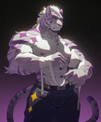 Rule 34 | 1boy, abs, absurdres, animal ears, applying bandages, bandaged arm, bandages, bara, bulge, diamond (shape), facial hair, feet out of frame, forked eyebrows, furry, furry male, goatee, highres, large pectorals, long hair, looking to the side, male focus, mature male, multicolored hair, muscular, muscular male, navel, nipples, original, pectorals, ponytail, purple fur, sadiend, solo, spotlight, stomach, streaked hair, thick eyebrows, thick thighs, thighs, tiger boy, tiger ears, topless male, uiokv, white hair, yellow eyes