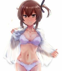 1girl blush bra breasts brown_eyes brown_hair cleavage collarbone collared_shirt commentary_request cowboy_shot etou_kanami hair_between_eyes highres lace lace-trimmed_bra lace-trimmed_panties lace_trim looking_at_viewer mashitono_desu medium_breasts navel one_side_up panties see-through_clothes see-through_shirt shirt short_hair sidelocks simple_background smile solo standing stomach sweat toji_no_miko underwear undressing white_background white_bra white_panties white_shirt