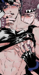 Rule 34 | 2boys, abs, bad id, bad pixiv id, battle tendency, biting, black hair, blue eyes, caesar anthonio zeppeli, clothes lift, drooling, facial mark, feather hair ornament, feathers, finger in another&#039;s mouth, fingerless gloves, gloves, grabbing, groping, hair ornament, headband, highres, jojo no kimyou na bouken, joseph joestar, joseph joestar (young), multiple boys, muscular, muscular male, neck biting, nigelungdayo, pectoral grab, red hair, shirt lift, yaoi