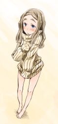 Rule 34 | 1girl, bare legs, barefoot, blue eyes, blush, brown hair, chibikko (morihito), eyebrows, face, female focus, morihito, original, oversized clothes, solo, sweater, thick eyebrows