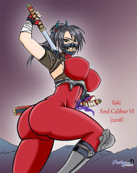 Rule 34 | 1girl, ass, black hair, bodysuit, breasts, brown eyes, cameltoe, covered erect nipples, dual wielding, fingerless gloves, from behind, gloves, highres, holding, large breasts, long hair, looking at viewer, mask, namco, ninja, noriyuki works, open mouth, ponytail, red bodysuit, sheath, sheathed, solo, soul calibur, soulcalibur, soulcalibur vi, taki (soulcalibur)