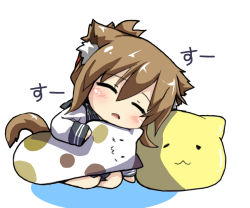 Rule 34 | 10s, 1girl, :3, animal ears, brown hair, cat ears, cat-shaped pillow, cat tail, chibi, closed eyes, half updo, inazuma (kancolle), kantai collection, kemonomimi mode, open mouth, oshiruko (uminekotei), pillow, sleeping, sleeves past wrists, solo, tail