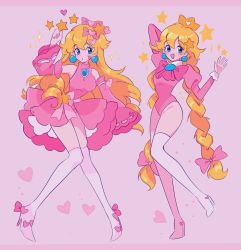 Rule 34 | 1girl, alternate costume, arm up, blue eyes, boots, bow, braid, crown, detached sleeves, dress, earrings, full body, hair bow, high heel boots, high heels, highres, jewelry, juliet sleeves, leotard, long hair, long sleeves, mario (series), meowwniz, multiple views, nintendo, open mouth, pink background, pink bow, pink dress, pink leotard, pink sleeves, princess peach, puffy sleeves, smile, standing, thigh boots, thighhighs, twin braids, very long hair, white thighhighs