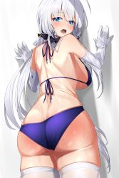 Rule 34 | 1girl, ass, azur lane, bikini, blue bikini, blue eyes, blush, breasts, commentary request, elbow gloves, from behind, gloves, greenkohgen, hair ribbon, highres, illustrious (azur lane), large breasts, long hair, looking at viewer, looking back, mole, mole on ass, mole under eye, open mouth, ribbon, slap mark, solo, standing, swimsuit, tears, thighhighs, thighs, tress ribbon, tri tails, very long hair, white gloves, white hair, white thighhighs