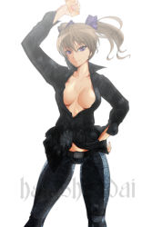 Rule 34 | 1girl, alternate hair color, arm up, belt, bowalia, brown hair, casual, cellphone, collarbone, contemporary, denim, female focus, hair ribbon, hand on own hip, himekaidou hatate, hip focus, holding, jeans, looking at viewer, no bra, open clothes, open shirt, pants, phone, popped collar, purple eyes, ribbon, shirt, simple background, smile, solo, standing, touhou, twintails, white background