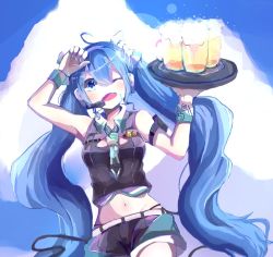 Rule 34 | 1girl, 39, ahoge, alcohol, bad id, bad pixiv id, belt, blue eyes, blue hair, fang, hatsune miku, headset, long hair, matching hair/eyes, midriff, navel, necktie, one eye closed, open mouth, short shorts, shorts, solo, spring kng, tray, twintails, very long hair, vocaloid