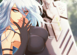 Rule 34 | 1girl, android, arm at side, armlet, bad id, bad pixiv id, bare shoulders, black gloves, blue eyes, breasts, camisole, closed mouth, collarbone, day, elbow gloves, esther shen, expressionless, gloves, grey hair, hair between eyes, hand to own mouth, head tilt, joints, large breasts, lips, long hair, medium breasts, mole, mole under mouth, nier:automata, nier (series), nose, pink lips, planted, planted sword, planted weapon, robot joints, signature, skin tight, sleeveless, solo, sword, tank top, weapon, a2 (nier:automata)