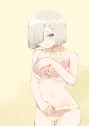 Rule 34 | 1girl, blue eyes, bra, breasts, cleavage, cowboy shot, embarrassed, hair ornament, hair over one eye, hairclip, hamakaze (kancolle), highres, kantai collection, large breasts, looking at viewer, panties, short hair, silver hair, solo, standing, toplow, underwear, underwear only, white bra, white panties
