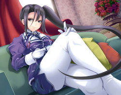 Rule 34 | 10s, 1girl, asymmetrical hair, blue eyes, bouquet, closed mouth, couch, crossed legs, cup, curtains, dutch angle, flower, foreshortening, gloves, hair between eyes, holding, holding cup, indoors, jacket, kantai collection, long hair, long sleeves, looking at viewer, nachi (kancolle), on couch, pantyhose, pillow, plant, potted plant, purple jacket, rose, side ponytail, sidelocks, smug, solo, teacup, very long hair, white gloves, white pantyhose, window, yumibakama meme