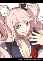 Rule 34 | 1girl, absurdres, animal hair ornament, bear hair ornament, blonde hair, blue eyes, breasts, chromatic aberration, cleavage, collarbone, danganronpa: trigger happy havoc, danganronpa (series), enoshima junko, eyelashes, fingernails, furrowed brow, grin, hair ornament, hand up, highres, long hair, nail polish, pakotaroh, pink lips, red nails, ringed eyes, simple background, smile, solo, teeth, twintails, upper body, white background