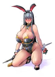 Rule 34 | 1girl, alternate costume, animal ears, bare shoulders, black gloves, blush, breasts, cleavage, detached collar, fake animal ears, full body, gloves, holding, holding weapon, kneeling, large breasts, leotard, long hair, looking at viewer, nose blush, on one knee, open mouth, playboy bunny, rabbit ears, red eyes, selvaria bles, senjou no valkyria (series), silver hair, solo, sweat, tsuda nanafushi, very long hair, weapon, wrist cuffs
