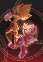 Rule 34 | 1boy, 1girl, amy rose, bulletstations, dress, eyelashes, furry, furry female, furry male, gloves, glowing, hairband, high heels, highres, looking at another, moon, night, red dress, shoes, smile, sneakers, sonic (series), sonic the hedgehog, super amy rose, super sonic, white gloves