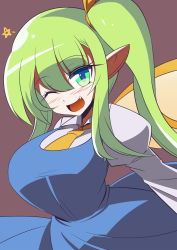 Rule 34 | 1girl, :d, alternate breast size, blush, breasts, daiyousei, dress, fairy, fairy wings, fang, gero zoukin, green eyes, green hair, highres, large breasts, long hair, necktie, one eye closed, open mouth, oppai loli, pointy ears, puffy sleeves, side ponytail, simple background, smile, solo, touhou, upper body, very long hair, wings
