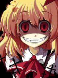 Rule 34 | 1girl, bad id, bad pixiv id, blonde hair, crazy, crazy eyes, creepy, cross, embodiment of scarlet devil, evil grin, evil smile, face, female focus, grin, hair ribbon, red eyes, ribbon, rumia, shaded face, short hair, smile, solo, touhou, utsurogi angu, yandere, you gonna get raped