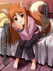 Rule 34 | 00s, 1girl, animal ears, bad id, bad pixiv id, barefoot, bed, blush, brown hair, feet, female focus, holo, indoors, long hair, nyamota, pillow, red eyes, sitting, smile, solo, spice and wolf, tail, teeth, toes, translated, wolf ears, wolf tail