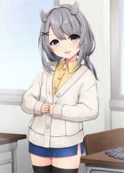 Rule 34 | 1girl, black thighhighs, blue sky, cardigan, chair, desk, grey eyes, grey hair, hair between eyes, hair ornament, headgear, highres, i-201 (kancolle), indoors, kantai collection, kodama (mmt uf), long sleeves, looking at viewer, low twintails, open mouth, school chair, school desk, shirt, skirt, sky, solo, thighhighs, twintails, x hair ornament, yellow shirt