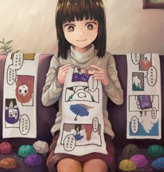 Rule 34 | 1girl, brown eyes, brown hair, closed mouth, couch, grey sweater, holding, holding needle, indoors, knitting, knitting needle, medium hair, needle, original, purple skirt, sitting, skirt, smile, solo, sweater, turtleneck, turtleneck sweater, yajirushi (chanoma), yarn, yarn ball