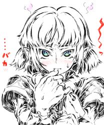 Rule 34 | 1girl, blush, female focus, green eyes, mizuhashi parsee, monochrome, pointy ears, scarf, short hair, solo, spot color, touhou, upper body, watata13, white background