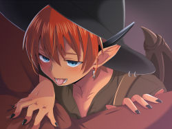 Rule 34 | 2boys, :p, black nails, blue eyes, bulge, dark skin, earrings, hat, horns, jewelry, male focus, multiple boys, nail polish, nekonohimono, orange hair, original, pointy ears, single horn, tongue, tongue out, witch hat, yaoi