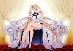 Rule 34 | 1girl, absurdly long hair, absurdres, ass, azur lane, black choker, black footwear, black neckwear, black sailor collar, blonde hair, bow, breasts, checkered floor, choker, clothing cutout, couch, crossed legs, curtains, dress, dress bow, dress flower, feather dress, formidable (azur lane), formidable (timeless classics) (azur lane), full body, hand in own hair, high heels, highres, indoors, large breasts, long hair, looking at viewer, official alternate costume, qiao gongzi, sailor collar, shoes, sleeveless, sleeveless dress, solo, stiletto heels, twintails, two-tone dress, two-tone ribbon, very long hair, white dress, yellow eyes