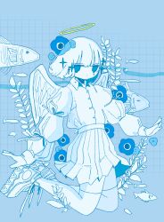 Rule 34 | 1girl, anemone (flower), blue eyes, bob cut, closed mouth, collared shirt, dot mouth, feathered wings, fish, flower, full body, halo, high-waist skirt, highres, jitome, kneeling, long bangs, long sleeves, looking at viewer, no pupils, open hands, original, plant, pleated skirt, shirt, shirt tucked in, shoes, short hair, sidelocks, skirt, sneakers, solo, sskitaco, thighhighs, tile wall, tiles, white footwear, white shirt, white skirt, white theme, white thighhighs, white wings, wings