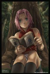 Rule 34 | 1girl, against tree, alternate eye color, aqua eyes, arm warmers, artist name, artist request, bare shoulders, bike shorts, black footwear, book, boots, collarbone, fingernails, forest, grass, haruno sakura, headband, headdress, highres, holding, holding book, injury, knee boots, looking down, miniskirt, naruto (series), naruto shippuuden, nature, open book, parted lips, pink hair, pink skirt, reading, red shirt, shirt, short hair, shorts, shorts under skirt, side slit, sitting, skirt, sleeveless, sleeveless shirt, solo, spandex, sweat, tree, watermark, web address, zipper