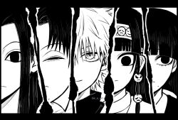 Rule 34 | 1other, 4boys, alluka zoldyck, averting eyes, bk n wh, blunt bangs, bob cut, border, brothers, closed mouth, commentary, eye focus, frown, greyscale, hairband, half-closed eyes, highres, hunter x hunter, illumi zoldyck, kalluto zoldyck, killua zoldyck, looking at viewer, looking away, male focus, milluki zoldyck, mole, mole under mouth, monochrome, multiple boys, parted bangs, portrait, short hair, siblings, sidelocks, sideways glance, smile, trap, twitter username