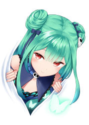 Rule 34 | 1girl, animal, blue bow, blue dress, blue sleeves, bow, bug, butterfly, closed mouth, collarbone, commentary request, detached sleeves, double bun, dress, green eyes, hair between eyes, hair bow, hair bun, hair ornament, hands up, highres, hololive, insect, kamelie, looking at viewer, red eyes, simple background, skull hair ornament, sleeveless, sleeveless dress, smile, solo, uruha rushia, uruha rushia (1st costume), virtual youtuber, white background