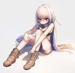 Rule 34 | 1girl, absurdres, boots, female focus, highres, kareido (kaleidoscope), long hair, on ground, original, red eyes, scarf, short shorts, shorts, silver hair, simple background, sitting, solo, white background