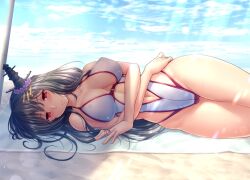 Rule 34 | 1girl, beach, black hair, breasts, casual one-piece swimsuit, clothing cutout, commission, cowboy shot, crossed arms, day, fusou (kancolle), headgear, kantai collection, large breasts, long hair, looking at viewer, lying, navel, navel cutout, on side, one-piece swimsuit, outdoors, red eyes, ryu-akt, skeb commission, solo, swimsuit, white one-piece swimsuit