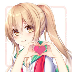 Rule 34 | 1girl, amane (230075), blonde hair, blush, closed mouth, commentary request, green sailor collar, hair between eyes, heart, heart hands, highres, long hair, looking at viewer, one side up, original, ponytail, sailor collar, school uniform, serafuku, sidelocks, simple background, smile, solo, white background