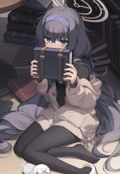 Rule 34 | 1girl, asicah, black hair, black pantyhose, blue archive, blue eyes, book, bookshelf, dress, hair between eyes, hairband, highres, holding, holding book, jacket, long hair, long sleeves, looking at viewer, no shoes, open book, pantyhose, pillow, purple eyes, shoes, sitting, solo, sweater, ui (blue archive), very long hair, white footwear