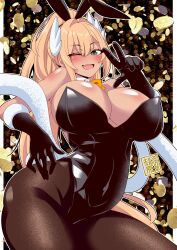 Rule 34 | 1girl, :d, animal ears, black gloves, black leotard, blonde hair, blush, bow, bowtie, breasts, brown pantyhose, cleavage, detached collar, elbow gloves, fake animal ears, fake tail, fang, feather boa, gloves, goddess of victory: nikke, green eyes, hair intakes, hair ornament, high heels, highleg, highleg leotard, highres, large breasts, leotard, long hair, momohara rile, one eye closed, open mouth, pantyhose, playboy bunny, ponytail, rabbit ears, rabbit tail, rupee (nikke), rupee (rabbit deluxe) (nikke), smile, solo, strapless, strapless leotard, tail, thick thighs, thighs, very long hair, w, watermark, yellow bow, yellow bowtie