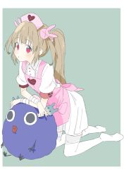 Rule 34 | 1girl, absurdres, alternate hairstyle, apron, armband, bad id, bad twitter id, bandages, blush, closed mouth, collared shirt, donguri suzume, hair ornament, hat, heart, highres, kneeling, light brown hair, long hair, looking at viewer, natori sana, nurse cap, pink apron, pink hat, puffy short sleeves, puffy sleeves, rabbit hair ornament, red eyes, saana-kun, sana channel, shirt, short sleeves, thighhighs, twintails, two side up, virtual youtuber, zettai ryouiki