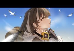 Rule 34 | 1girl, arknights, backpack, bag, bird, blue sky, blurry, blurry foreground, brown hair, closed mouth, commentary, earrings, from side, gloves, hand up, highres, jacket, jewelry, letterboxed, looking up, magallan (arknights), mask, mask around neck, outdoors, portrait, profile, seagull, short hair, sky, smile, solo, symbol-only commentary, upper body, white gloves, white hair, white jacket, yellow eyes, yipingtaopuzi