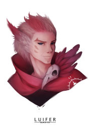 Rule 34 | 1boy, absurdres, artist name, beard, black-co, blue eyes, facial hair, facial mark, feathers, highres, league of legends, male focus, multicolored hair, portrait, rakan (league of legends), red hair, simple background, skull, solo, two-tone hair, white background, white hair