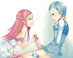 Rule 34 | 00s, 2girls, anemone (eureka seven), breasts, cum, erection, eureka (eureka seven), eureka seven, eureka seven (series), from side, futa with female, futanari, half-closed eyes, handjob, multiple girls, nipples, no testicles, penis, sitting, small breasts, thigh strap, uncensored, urethral fingering, urethral insertion