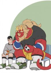 Rule 34 | 2boys, :/, alternate costume, american football uniform, ball, bara, beard, black hair, black shorts, blank eyes, bored, bulge, colored skin, curled horns, dragon horns, elbow rest, facial hair, forked eyebrows, full body, furry, furry male, furry with non-furry, gardie (otsukimi), gloves, highres, horns, huge eyebrows, interspecies, kouhei (otsukimi), large bulge, large feet, large hands, large pectorals, lion hair, male focus, multiple boys, muscular, muscular male, on chair, original, otsukimi, pectorals, pout, red skin, shirt, short hair, shorts, sideburns, sideburns stubble, sitting, size difference, soccer ball, socks, sportswear, stubble, t-shirt, tail, thick eyebrows, white socks, yaoi, yellow shorts
