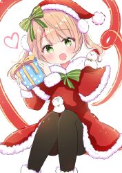 Rule 34 | 1girl, :d, alternate costume, asymmetrical bangs, black pantyhose, blonde hair, blush, bow, box, capelet, christmas, christmas ornaments, fur-trimmed capelet, fur trim, gift, gift box, green bow, green eyes, green ribbon, hair ornament, hands up, hat, heart, highres, holding, holding gift, indie virtual youtuber, looking at viewer, nanami ayane (kusunoki5050), open mouth, pantyhose, parted bangs, pom pom (clothes), pom pom hair ornament, ribbon, santa costume, santa hat, shigure ui (vtuber), sidelocks, simple background, sitting, smile, snowman, solo, twintails, virtual youtuber