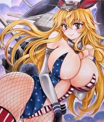 Rule 34 | 1girl, absurdres, alternate costume, animal ears, bare shoulders, blonde hair, blush, breasts, drawing, fake animal ears, fishnet pantyhose, fishnets, gluteal fold, highres, huge breasts, impossible clothes, iowa (kancolle), kantai collection, long hair, pantyhose, playboy bunny, rabbit ears, rabbit girl, rabbit tail, smile, solo, star-shaped pupils, star (symbol), symbol-shaped pupils, tail, twobee